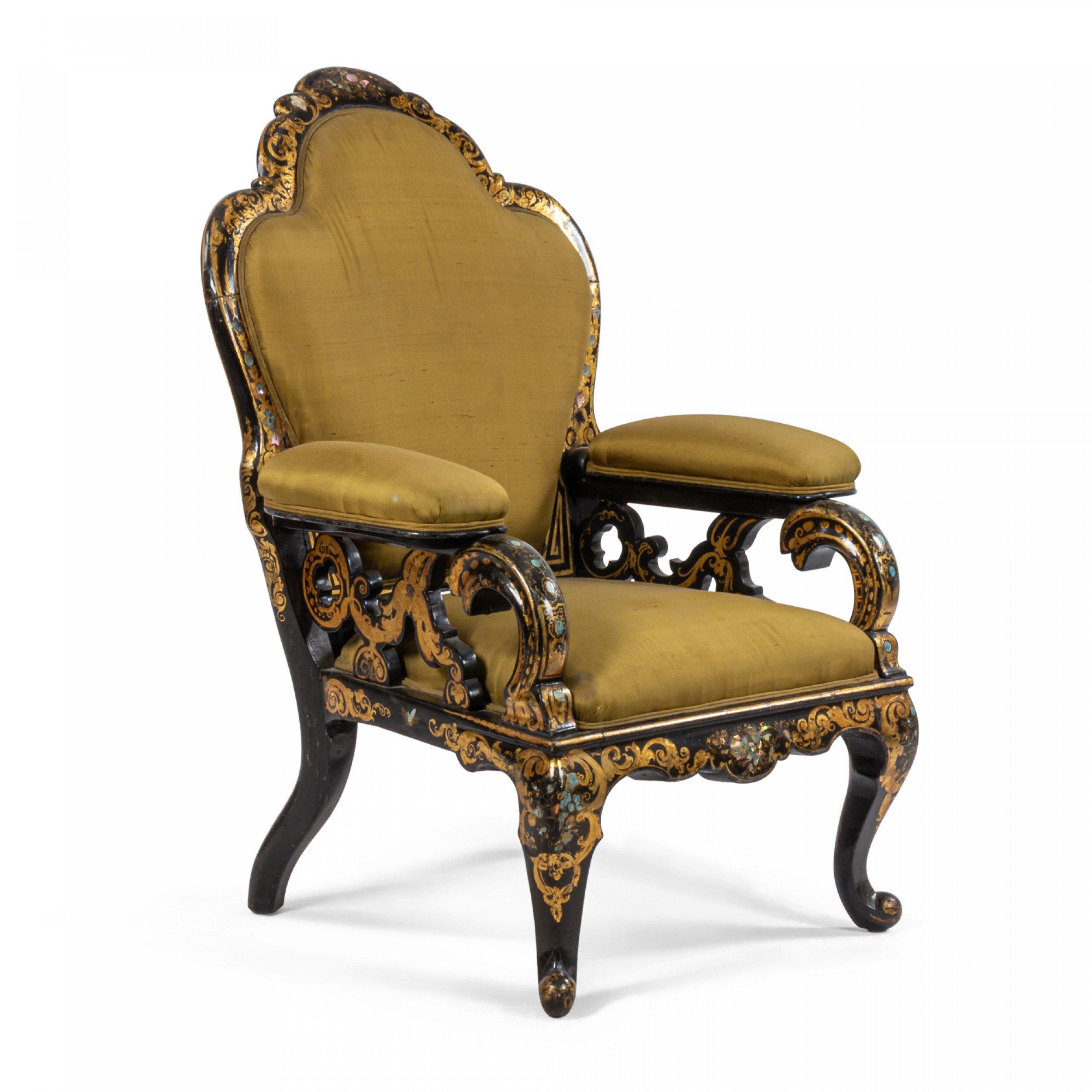 English Victorian Lacquered Papier Mache and Green Satin Armchair In Good Condition For Sale In New York, NY
