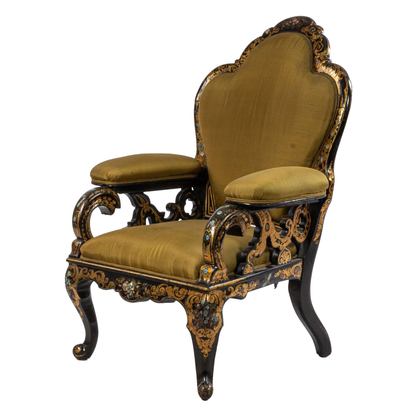 English Victorian Lacquered Papier Mache and Green Satin Armchair For Sale
