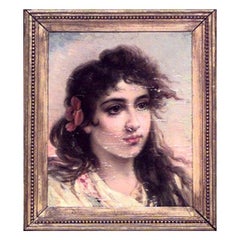 Victorian Portrait of Lady with Flower, Oil on Canvas, 19th Century