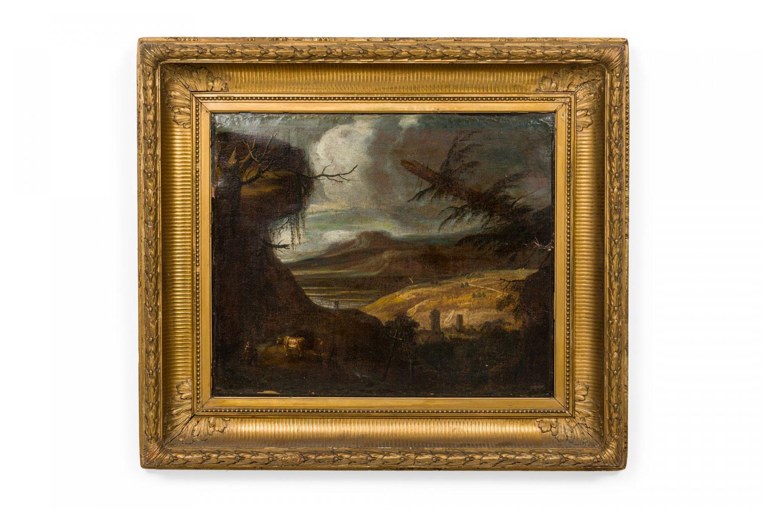 Englisches viktorianisches, vergoldetes, gerahmtes Ölgemälde einer Landschaft mit Figuren aus dem 19. Jahrhundert mit einer Kuh im Vordergrund und einer Talszene im Hintergrund.