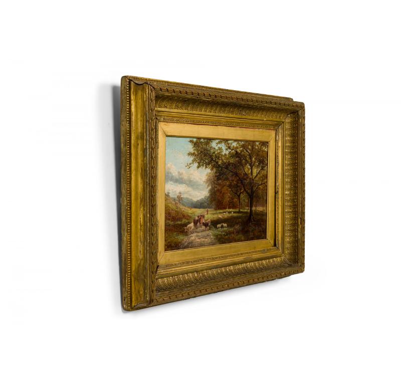 English Victorian gilt framed oil painting of landscape with cows, sheep, and figures on path by trees (signed)
