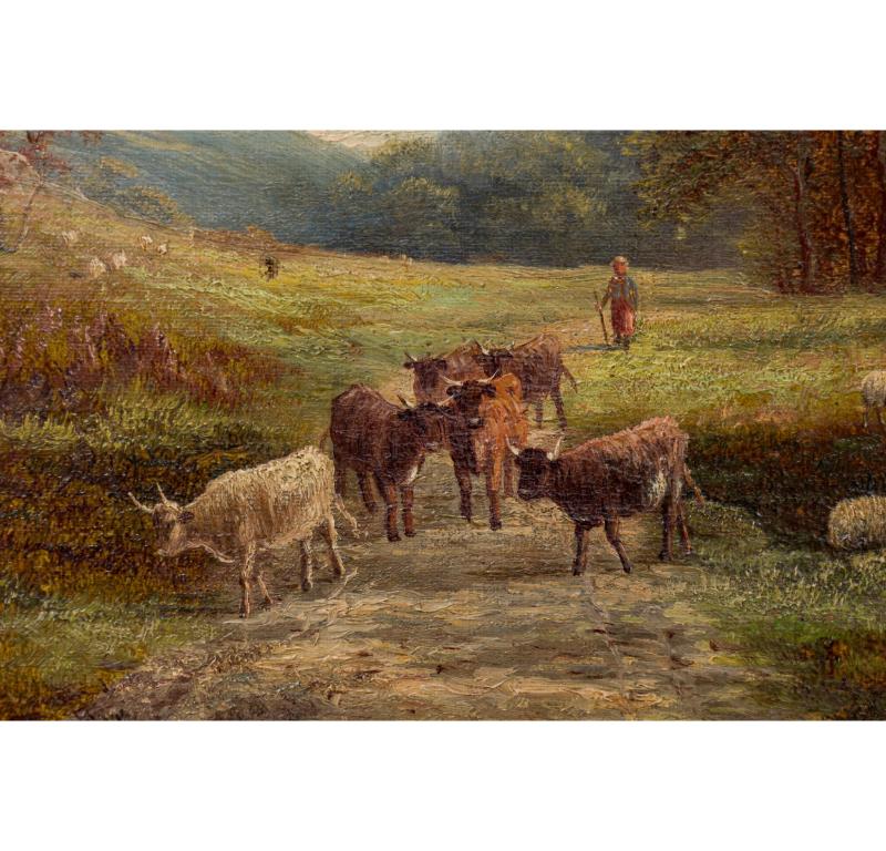 Hand-Painted English Victorian Landscape of Animals by Trees For Sale