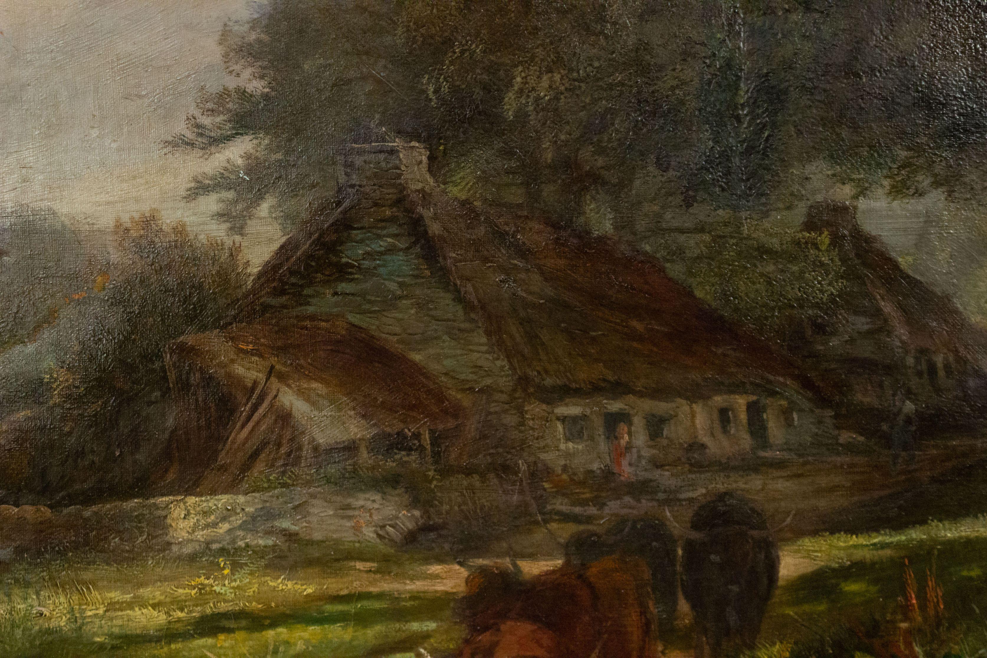 Hand-Carved English Victorian Landscape of Boy with Dog and Bulls For Sale