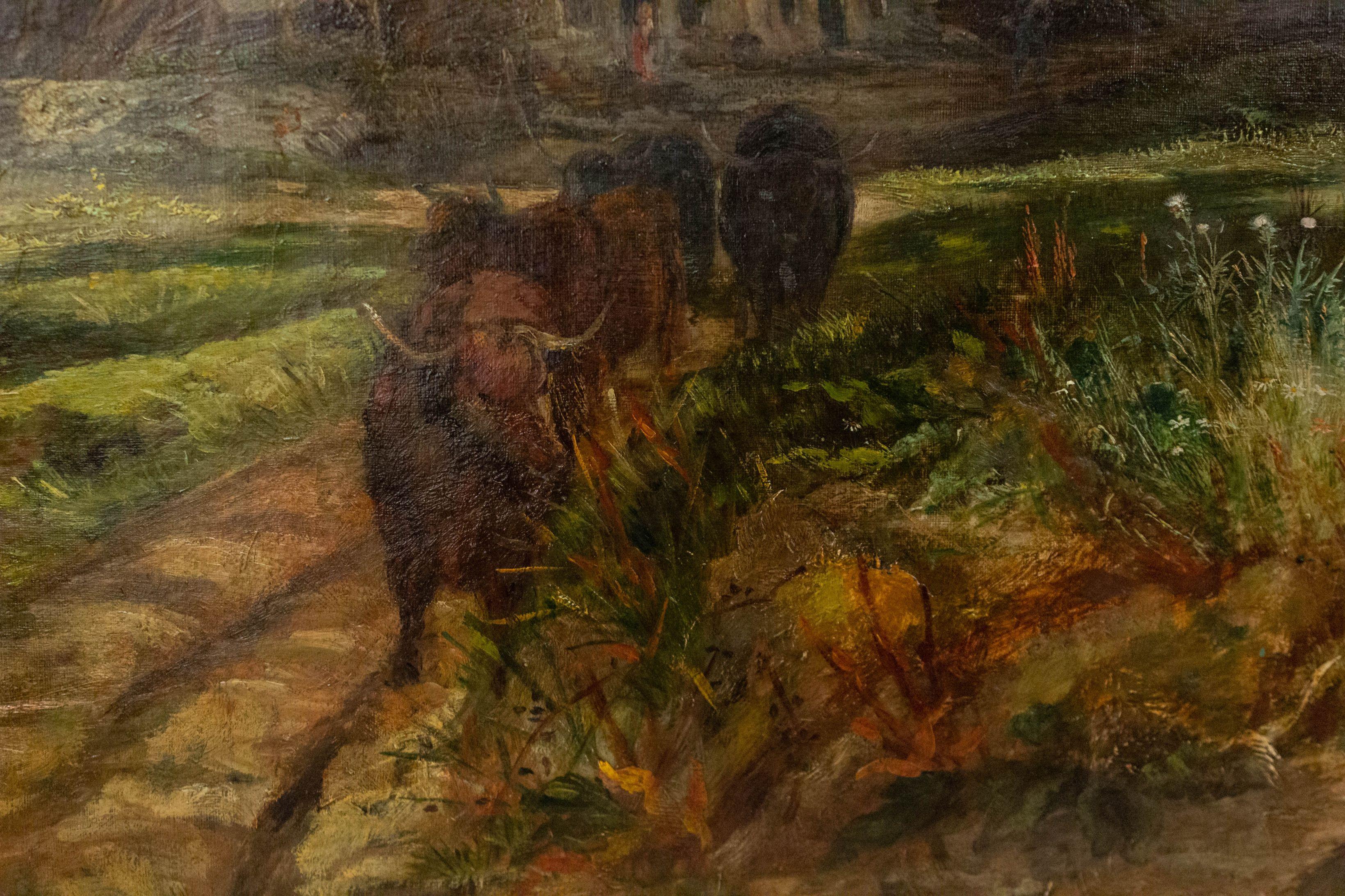 English Victorian Landscape of Boy with Dog and Bulls For Sale 1