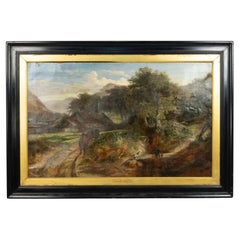 Paysage victorien anglais d'un garçon avec un chien et des taureaux