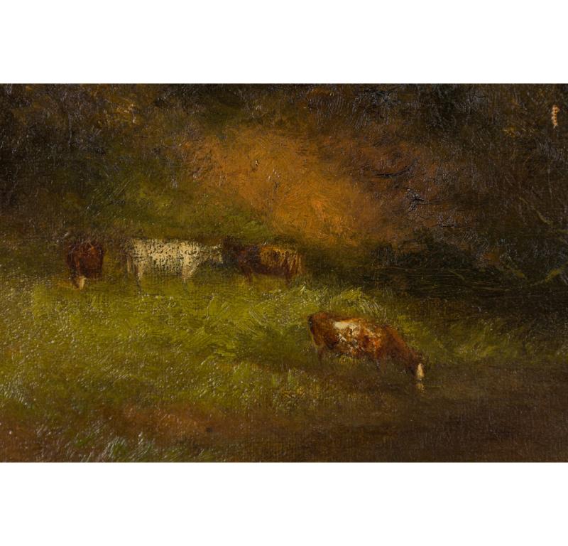 Peint à la main Paysage victorien anglais de vaches par arbres en vente
