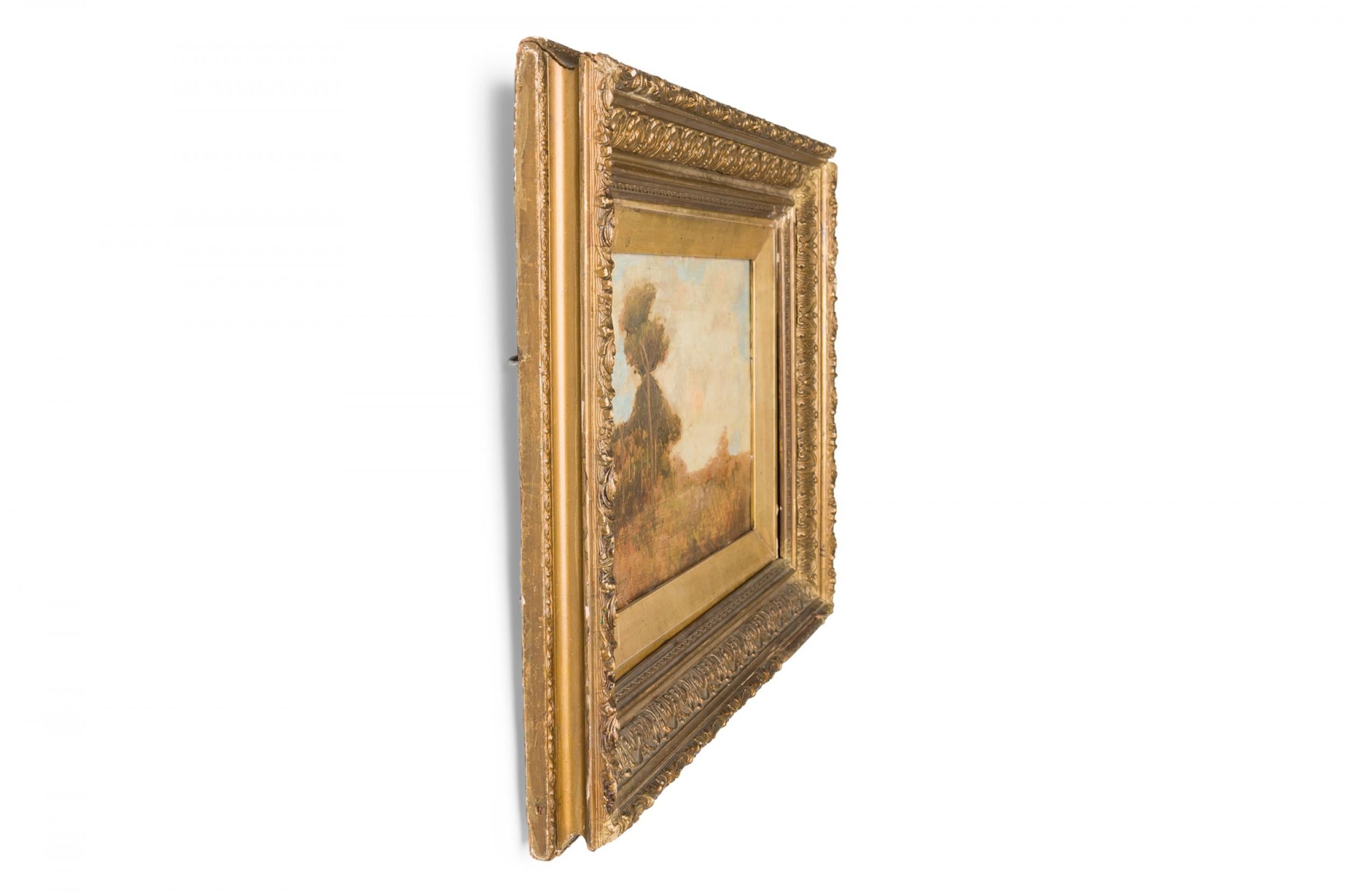 Pintura al óleo de paisaje de campo y árboles con sol, de estilo victoriano inglés con marco dorado tallado.