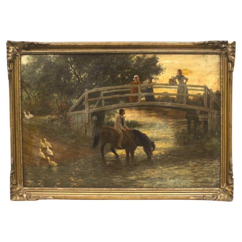 English Victorian Landscape of Figures by a Bridge For Sale