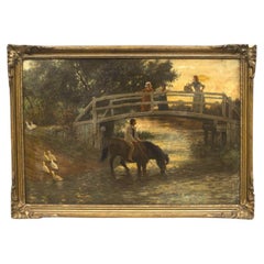 Paesaggio inglese vittoriano con figure vicino a un ponte