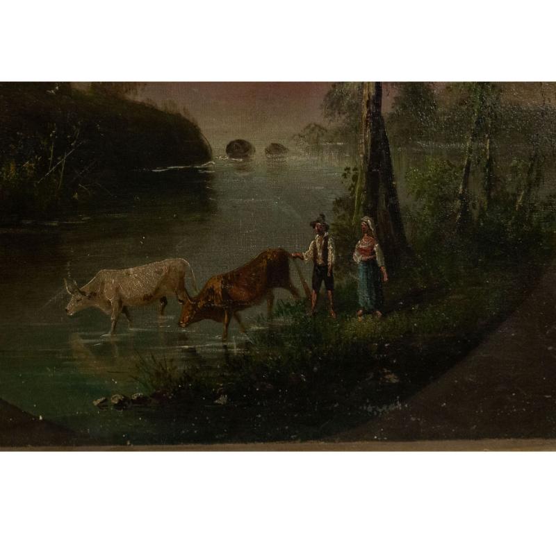 English Victorian gilt framed oval inset oil painting of 2 figures with cows on a vertical landscape