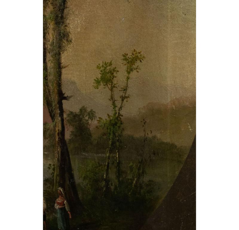 Hand-Painted English Victorian Landscape of Figures with Cows For Sale