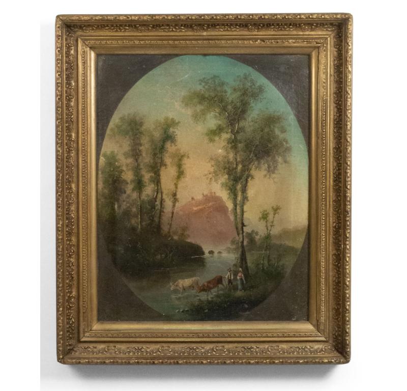 Paint English Victorian Landscape of Figures with Cows For Sale