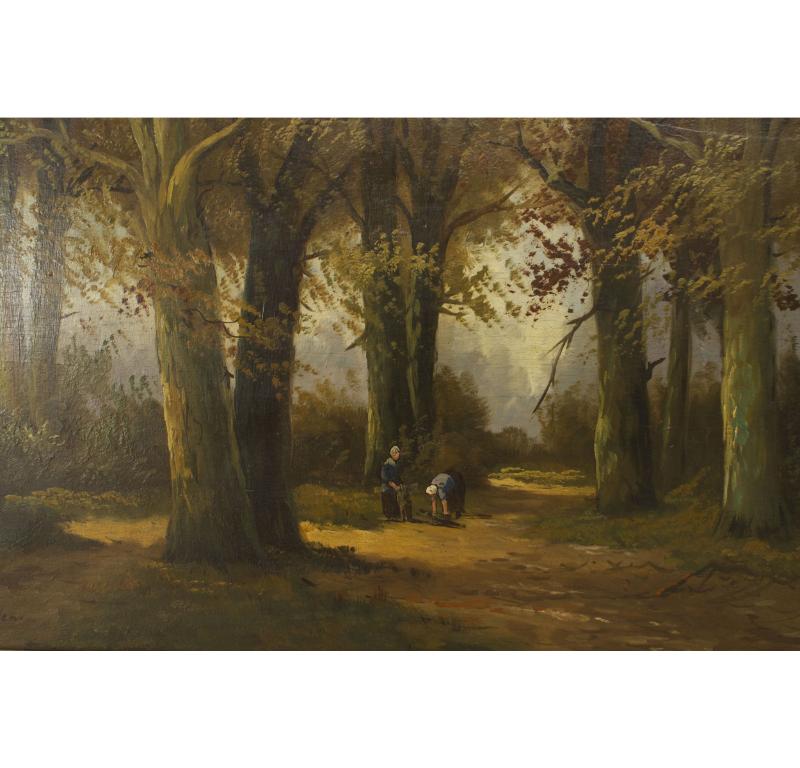 English Victorian gilt framed landscape oil painting of forest scene with 2 figures.