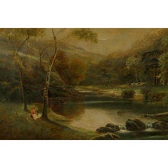 Paesaggio vittoriano inglese di ragazze vicino a un ruscello