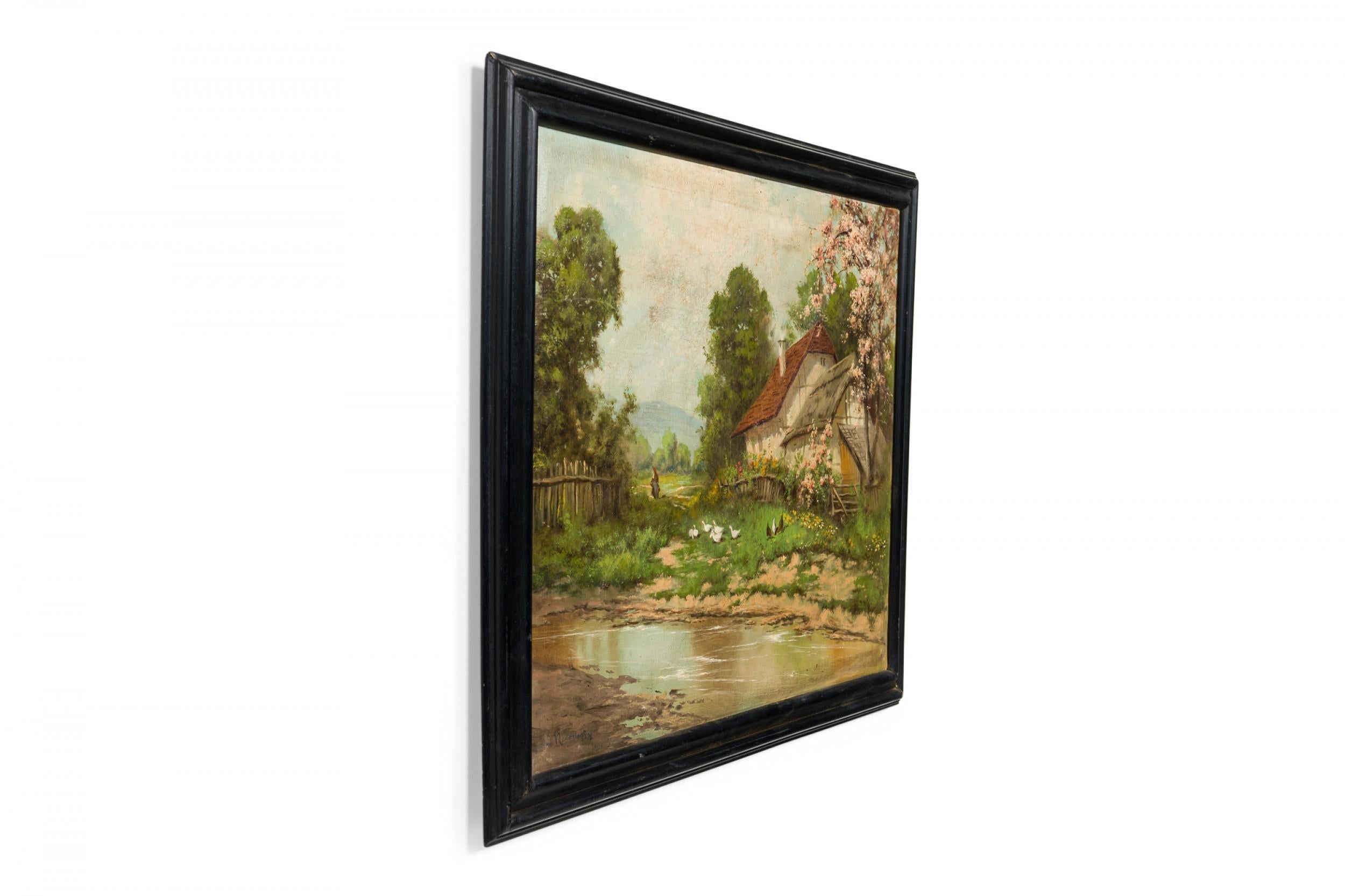 Ebonisiertes, gerahmtes Ölgemälde eines Baches bei einem Haus mit Hühnern (signiert)