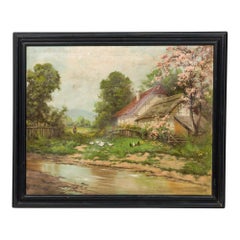 English Victorian Landscape of House by a Creek