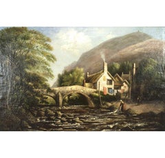 English Victorian Landscape of Lady in a Creek
