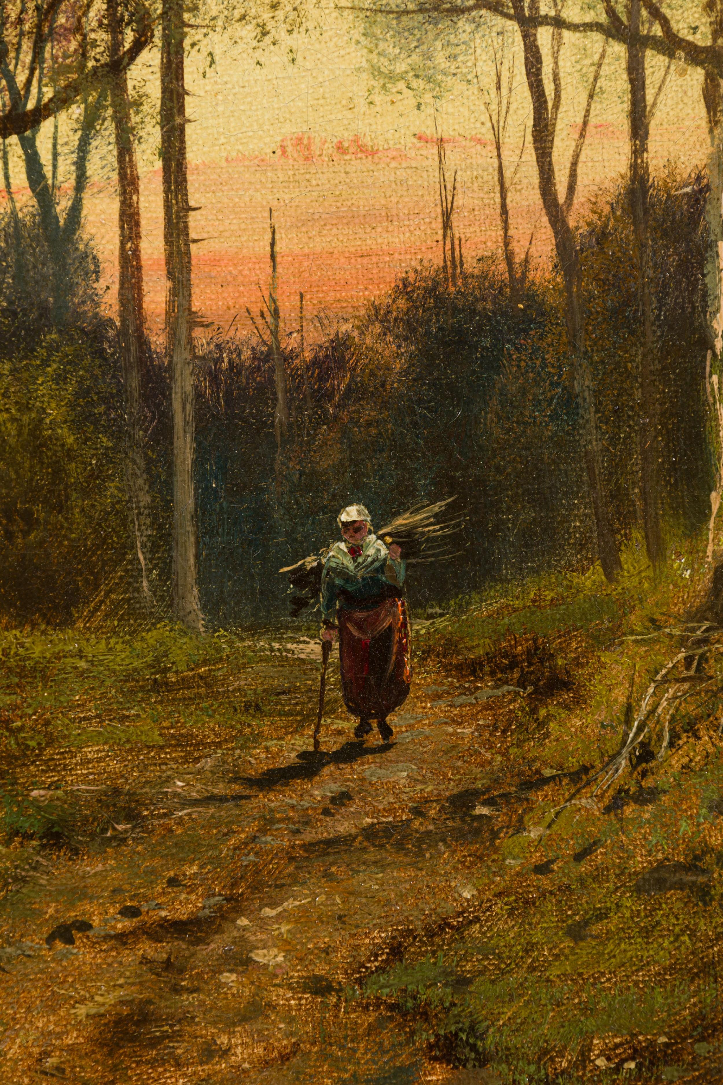 Hand-Painted English Victorian Landscape of Lady in Forest For Sale