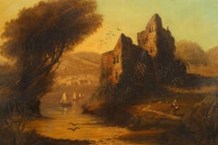 English Victorian Landscape of Lady Near a Castle