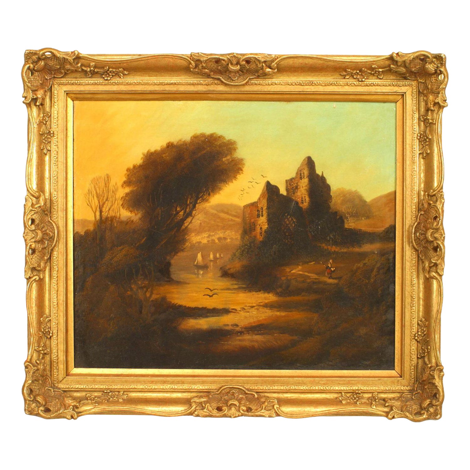 English Victorian Landscape of Lady Near a Castle im Angebot