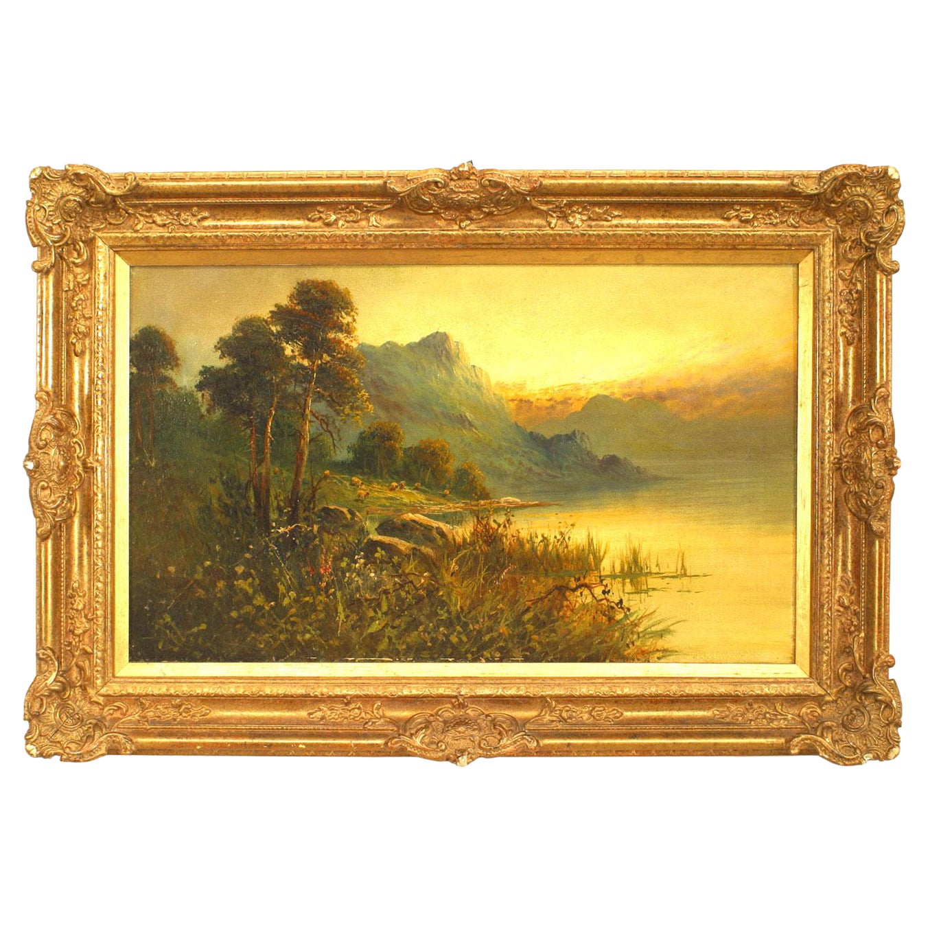 English Victorian Landscape of Lake and Mountains