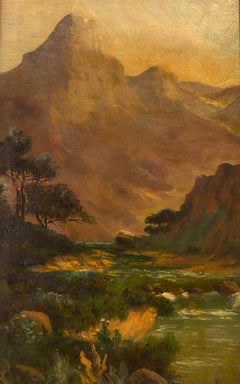 Paisaje victoriano inglés de montañas y arroyo