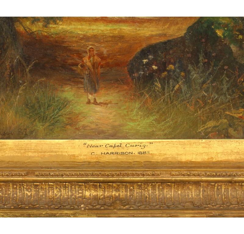English Victorian gilt framed oil painting of girl with basket near pond and tree on a vertical landscape.

Condition: Good; Wear consistent with age and use