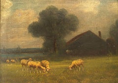 English Victorian Landscape of Sheep Near a House