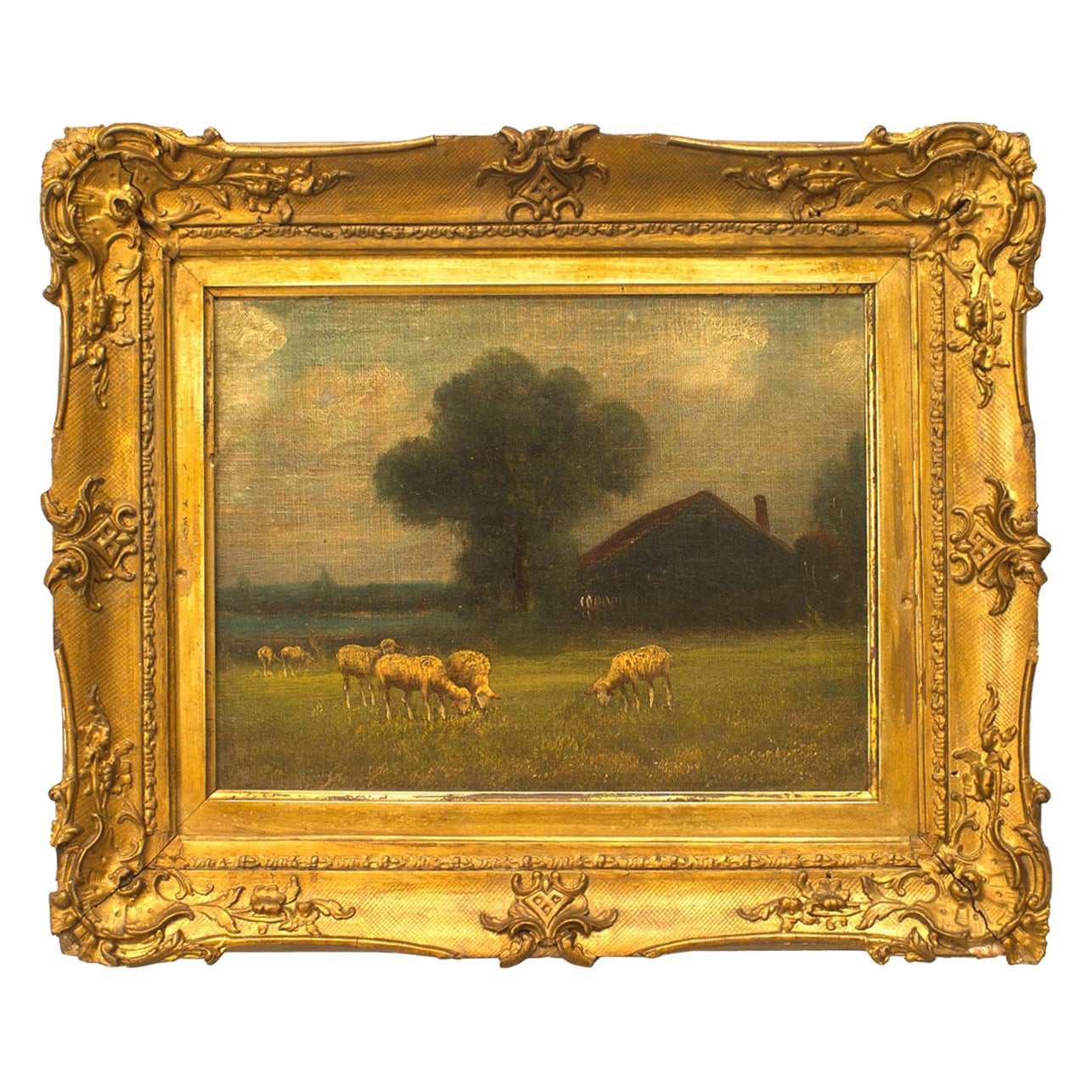 English Victorian Landscape of Sheep Near a House For Sale