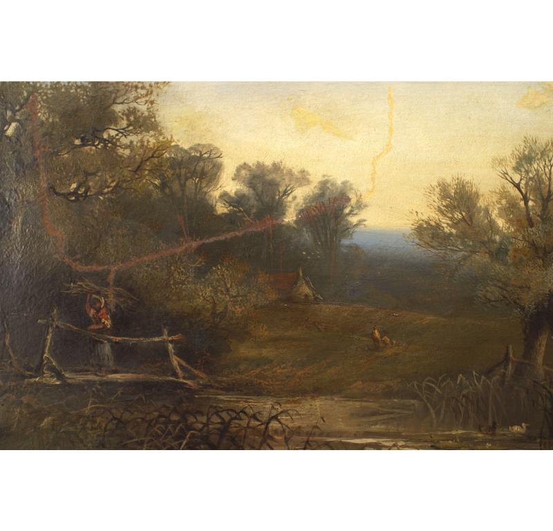 Englisches Ölgemälde im viktorianischen Stil mit Goldrahmen, das eine Landschaft mit einer Dame zeigt, die eine kleine Brücke überquert und dabei Zweige hält (signiert).