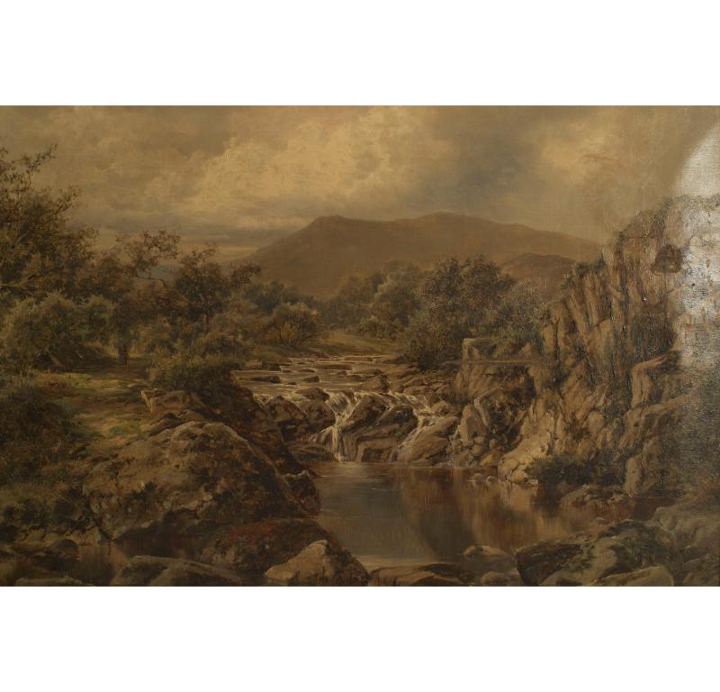 Peinture à l'huile victorienne encadrée et dorée représentant un ruisseau et des montagnes (Manders)