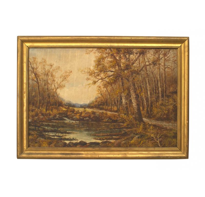 Kontinentalösterreichisches (19/20. Jh.), vergoldetes, gerahmtes Ölgemälde einer Bachlandschaft mit Bäumen.