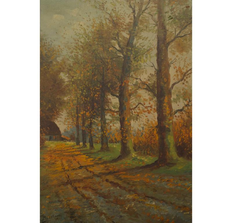 English Victorian black framed oil vertical landscape painting on board with 6 tall trees by road