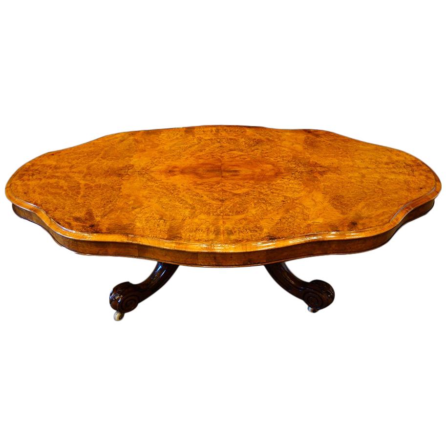 English Victorian Large Burl Walnut Coffee Table, circa 1860