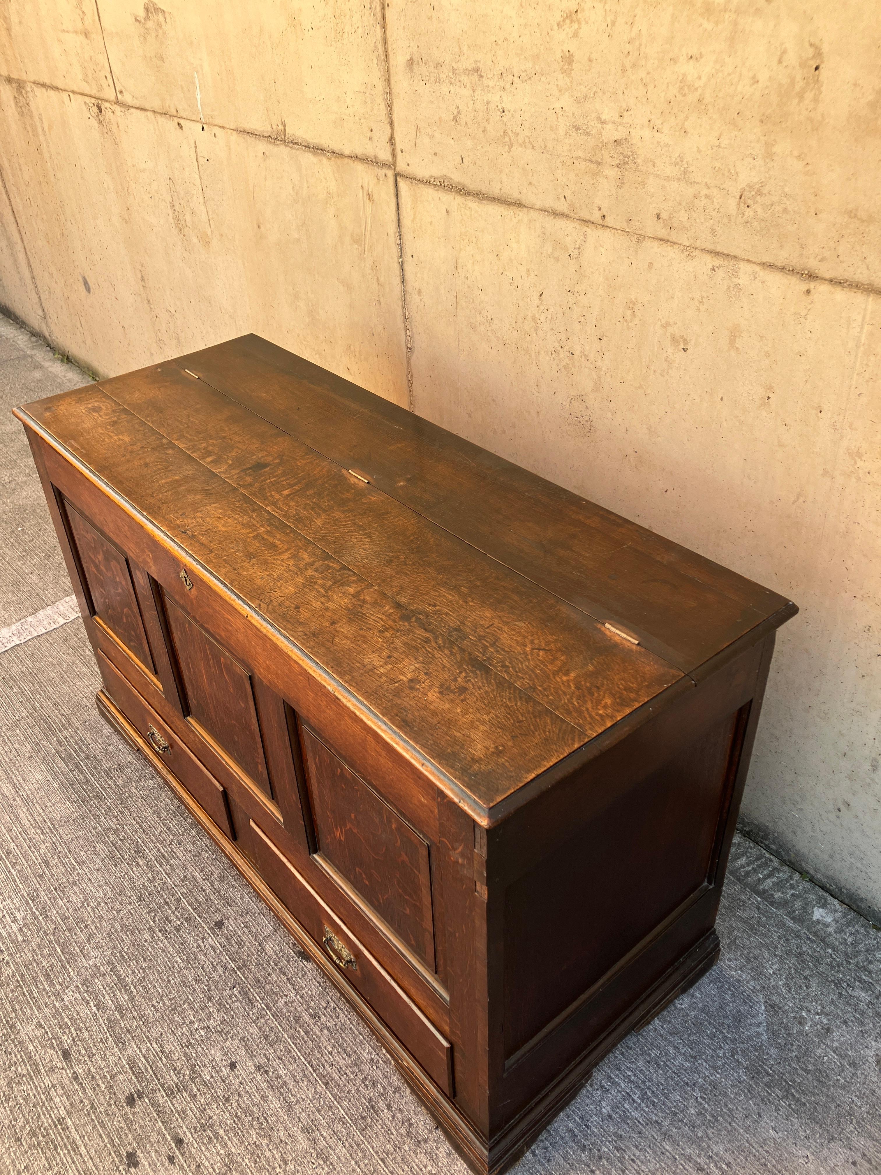 Coffre en chêne écossais ancien, grand coffre à couvertures à panneaux du 18e siècle + tiroirs en vente 4