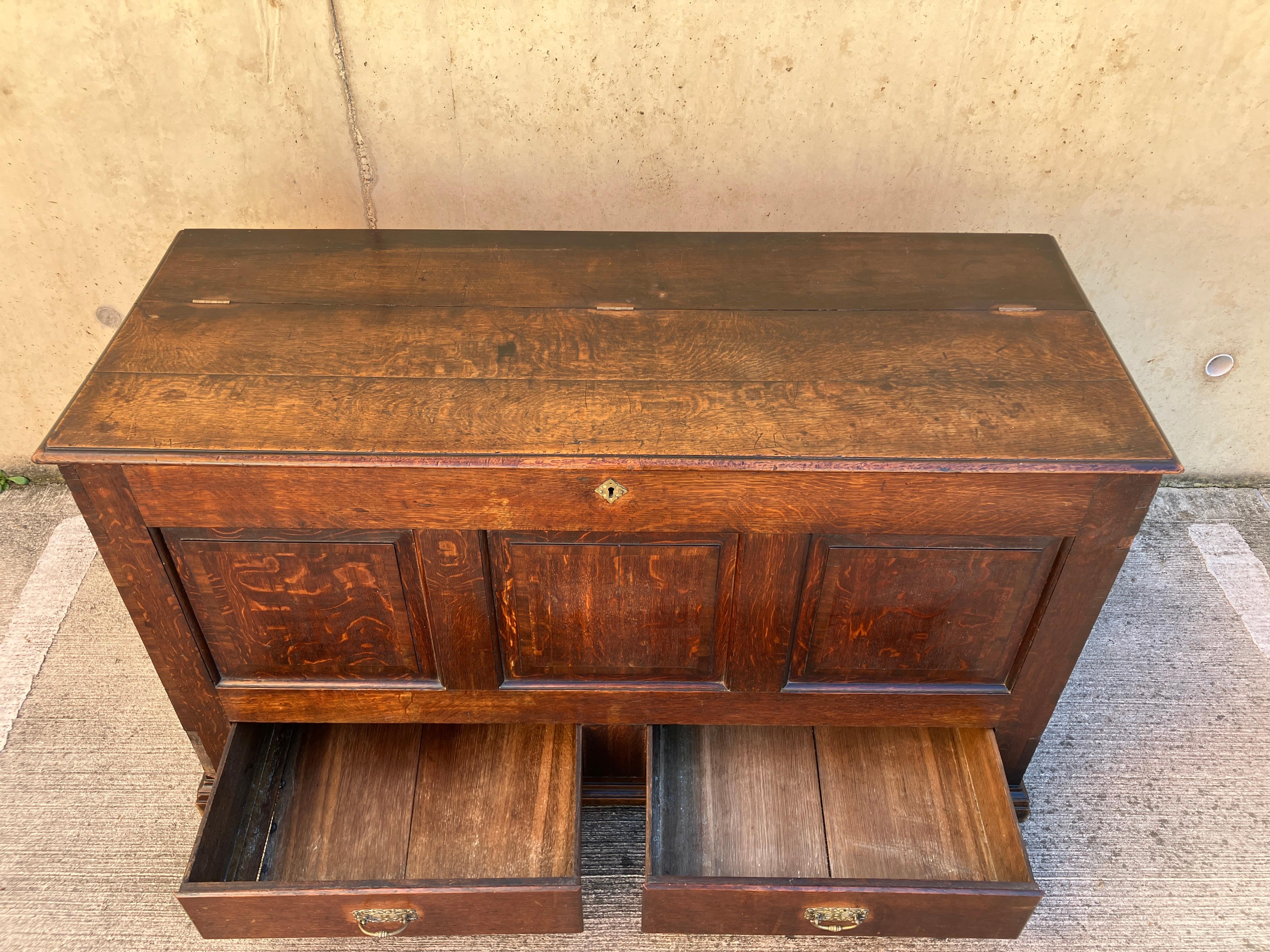 Coffre en chêne écossais ancien, grand coffre à couvertures à panneaux du 18e siècle + tiroirs en vente 6