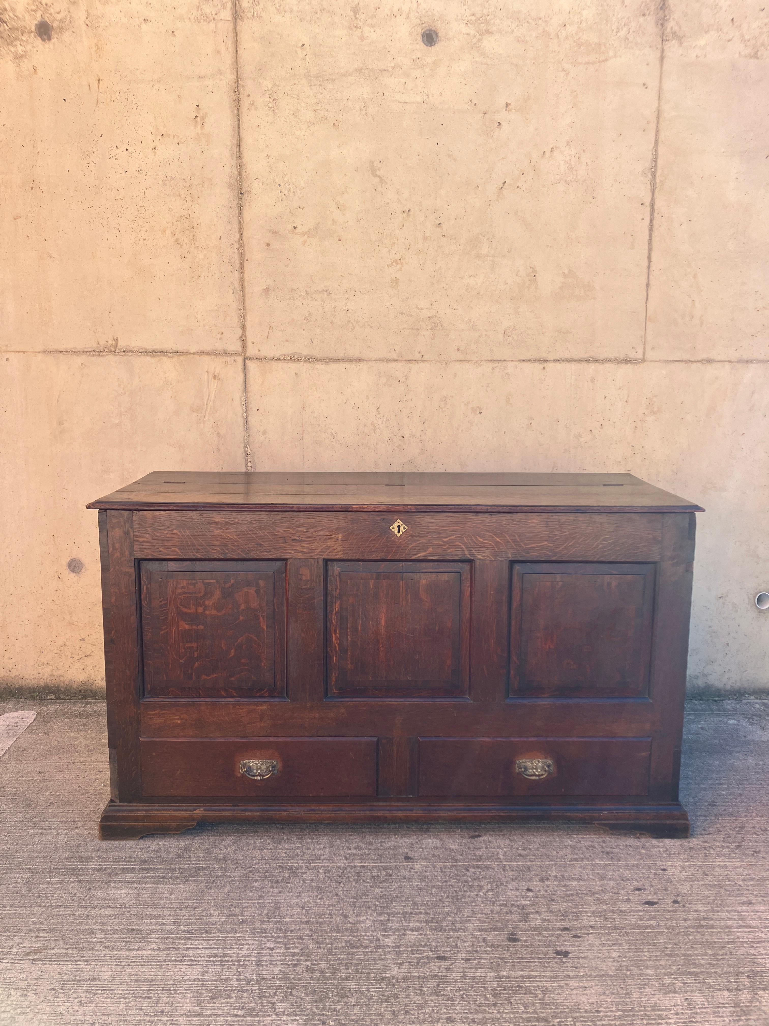 Coffre en chêne écossais ancien, grand coffre à couvertures à panneaux du 18e siècle + tiroirs en vente 9