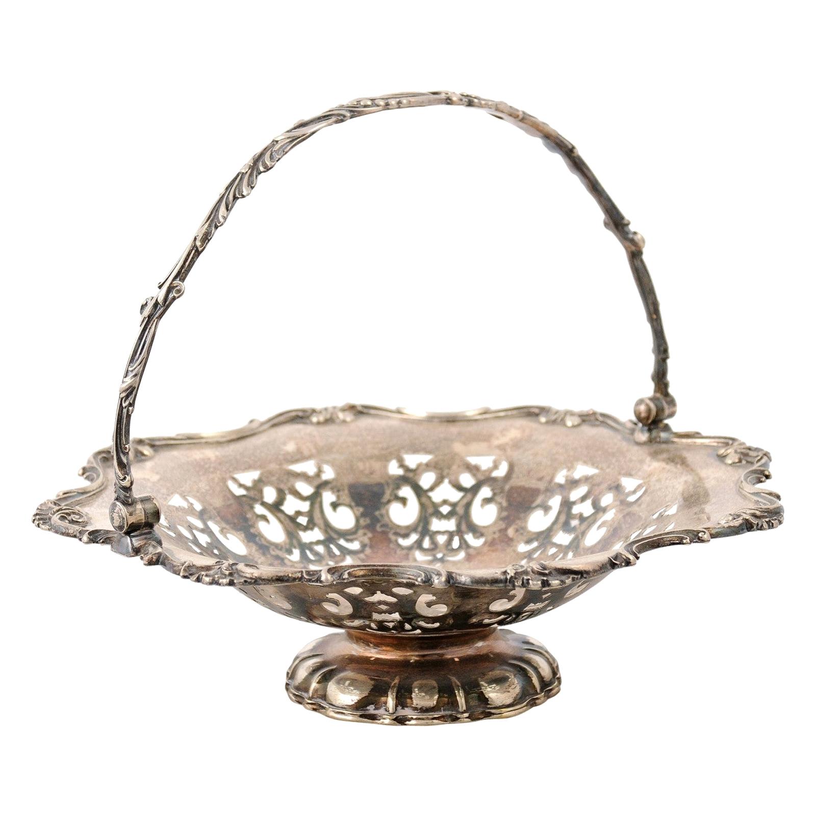 English Victorian Late 19th Century Melvin Pratt Silver Cake Basket with Handle