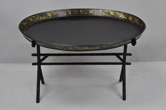 English Victorian Leather Tole Tray Coffee Table on Faux Bamboo Base