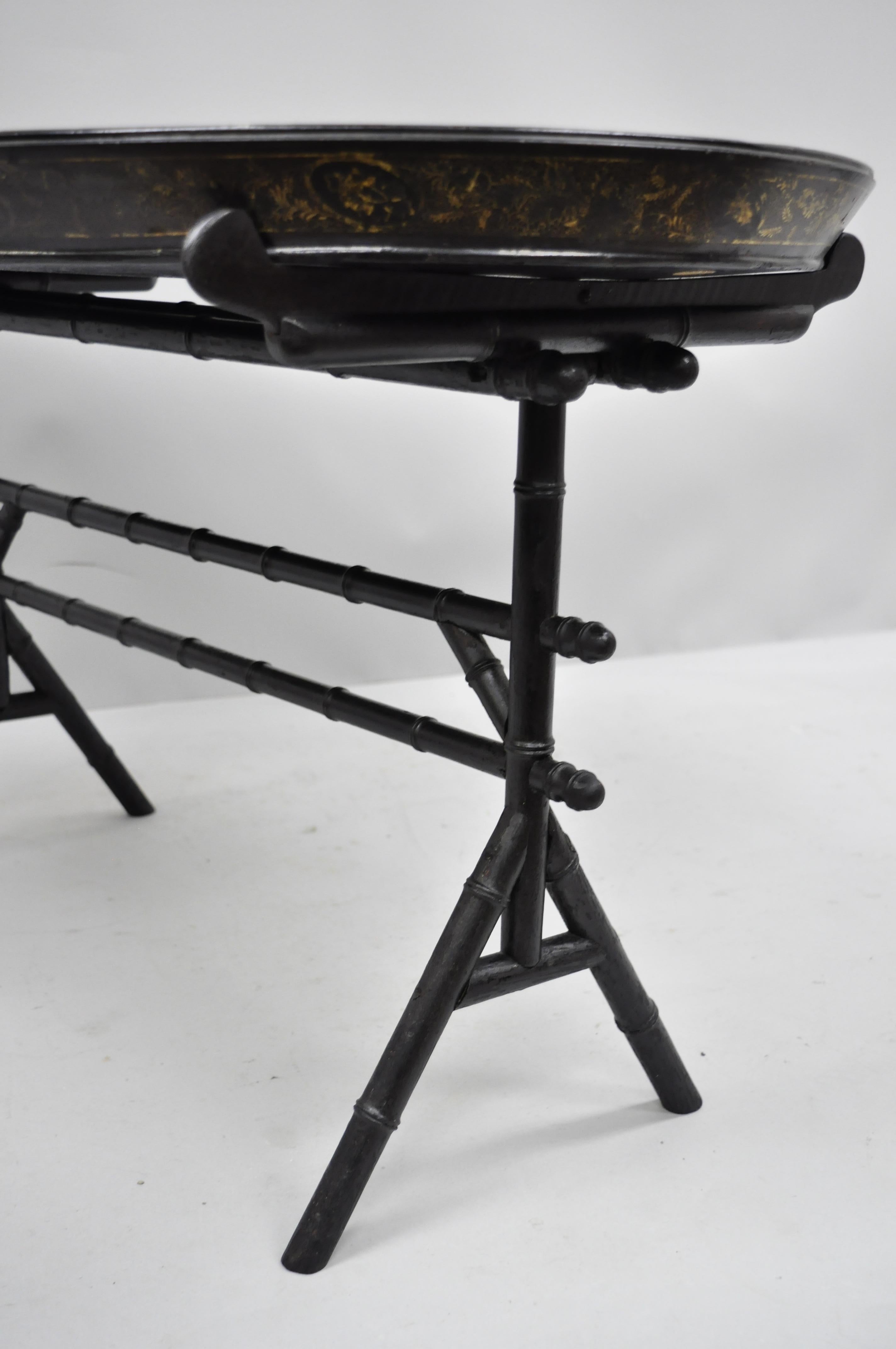 19th Century English Victorian Leather Tole Tray Coffee Table on Faux Bamboo Base For Sale