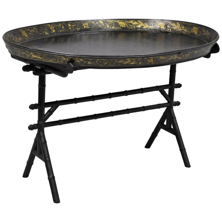 English Victorian Leather Tole Tray Coffee Table on Faux Bamboo Base