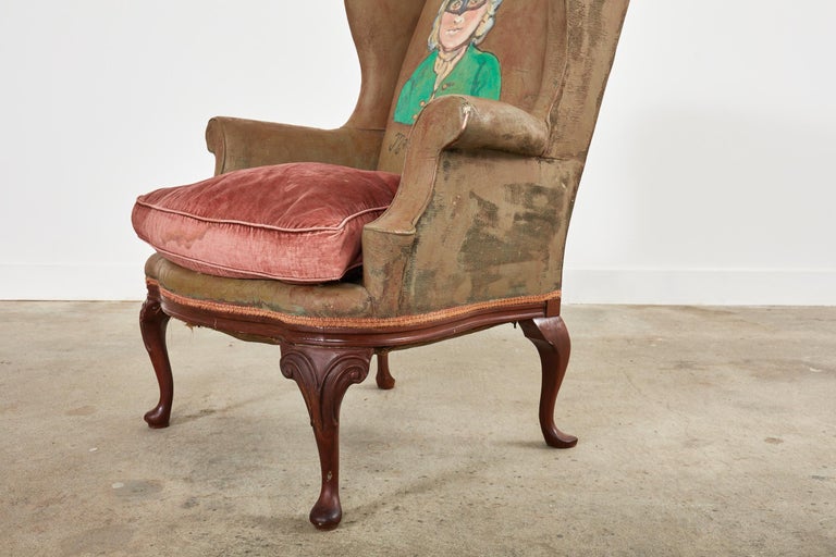 English Victorian Leather Wingback Armchair Painted by Ira Yeager For Sale 4