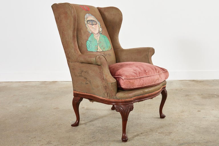 Hand-Crafted English Victorian Leather Wingback Armchair Painted by Ira Yeager For Sale