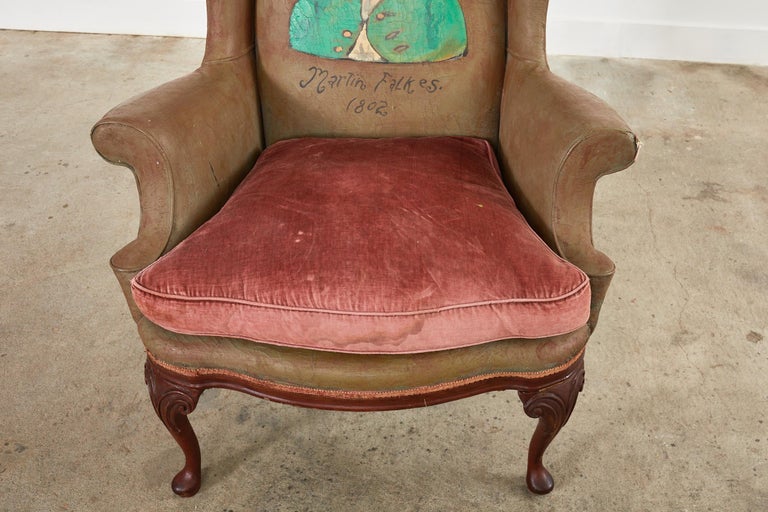 19th Century English Victorian Leather Wingback Armchair Painted by Ira Yeager For Sale
