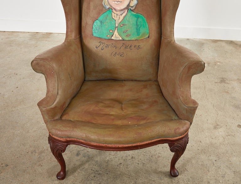 English Victorian Leather Wingback Armchair Painted by Ira Yeager For Sale 1