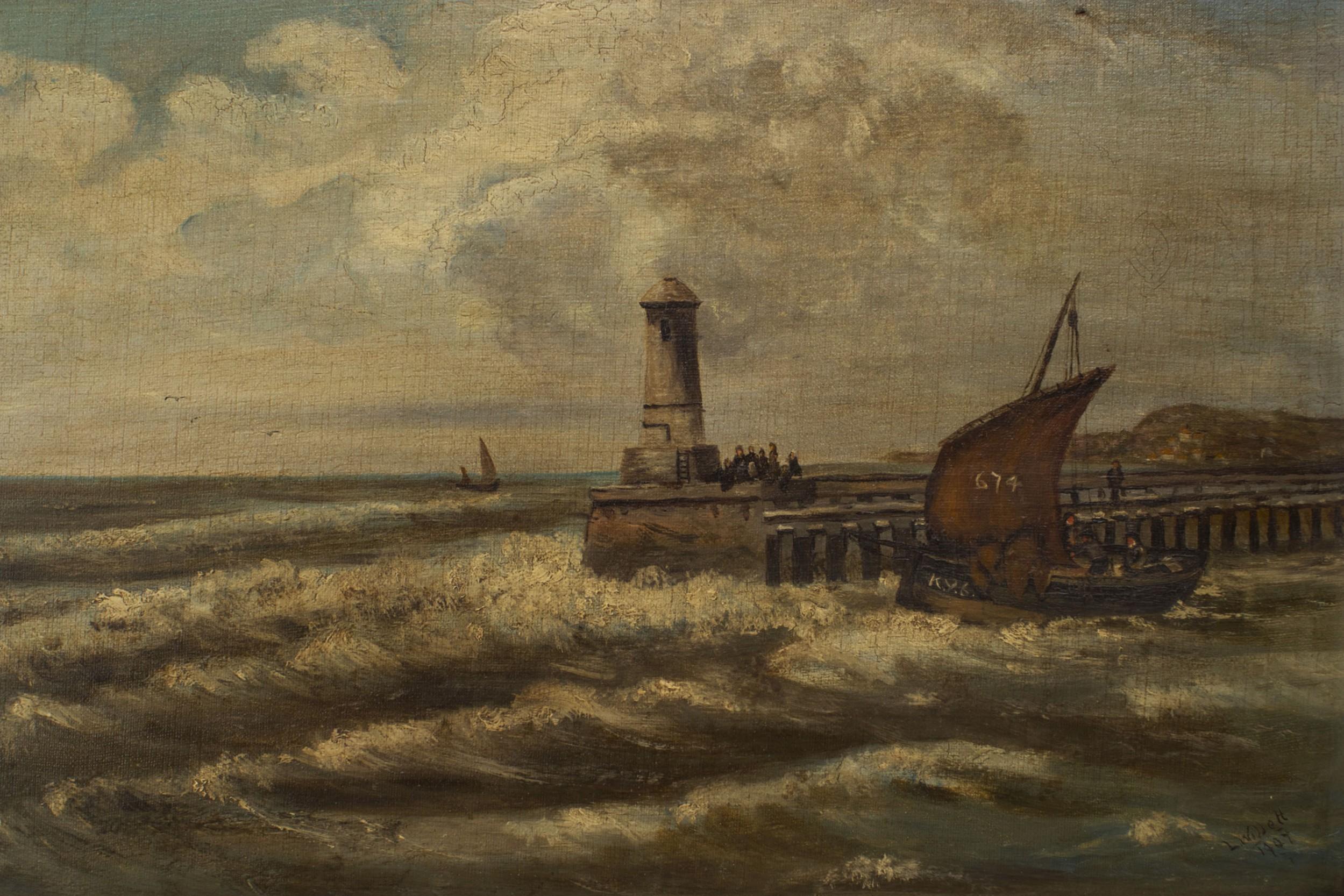 Pintura inglesa victoriana de un faro marino Victoriano en venta