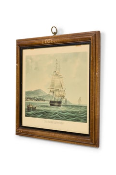 English Victorian Lithograph of a Large Boat and Two Row Boats
