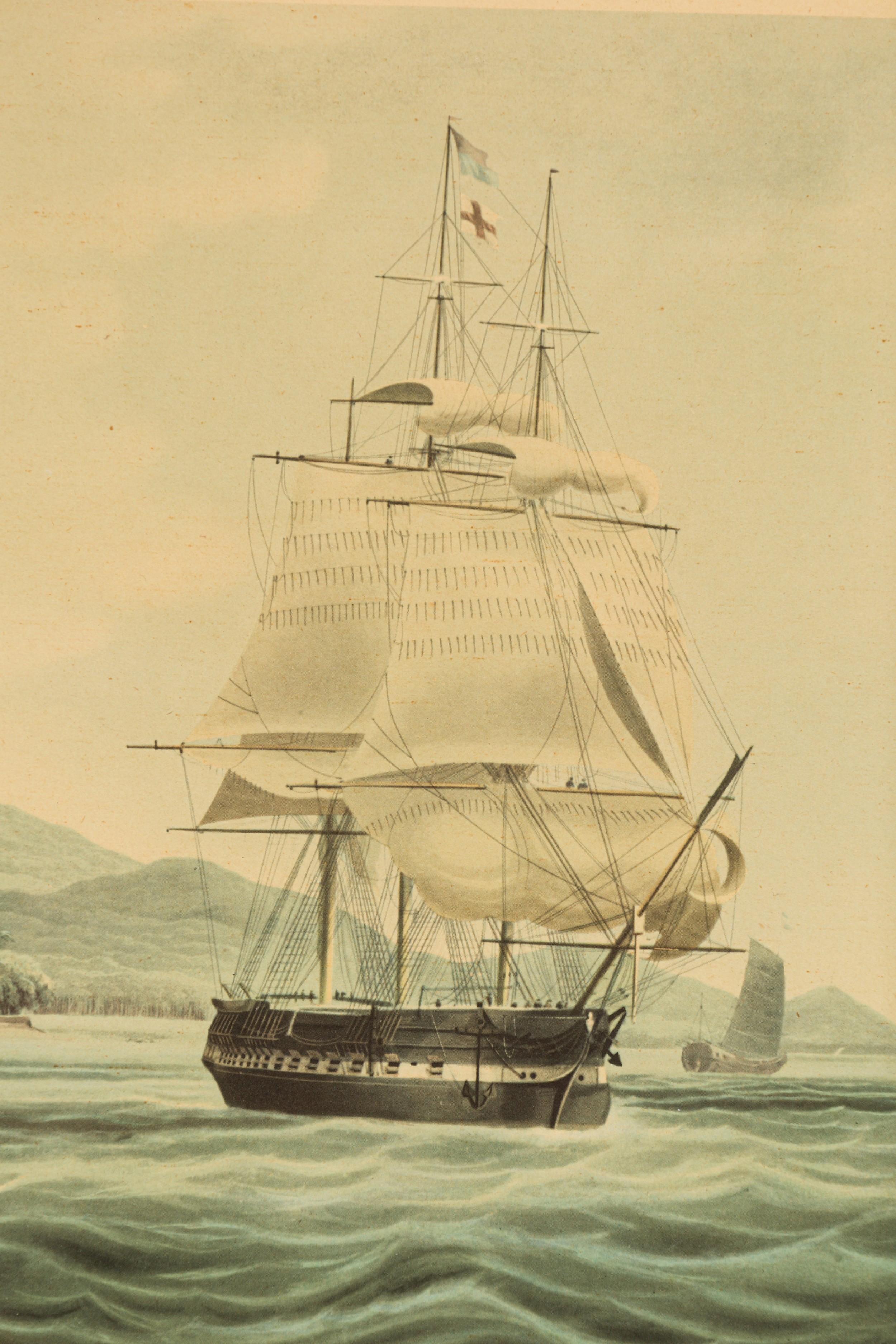 Victorien Lithographie anglaise de l'époque victorienne représentant un grand bateau et deux bateaux The Row en vente