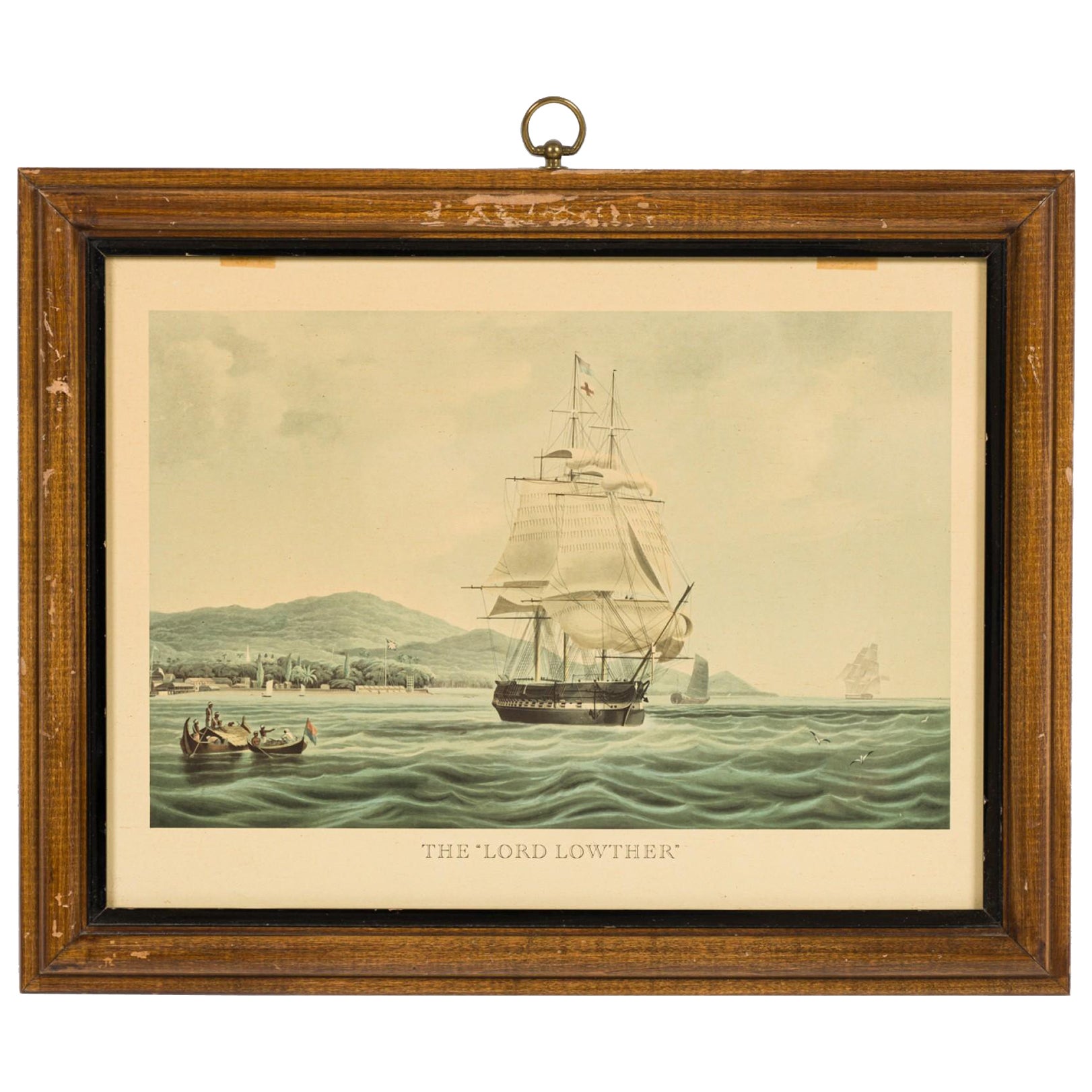 English Victorian Lithograph of a Large Boat and Two Row Boats