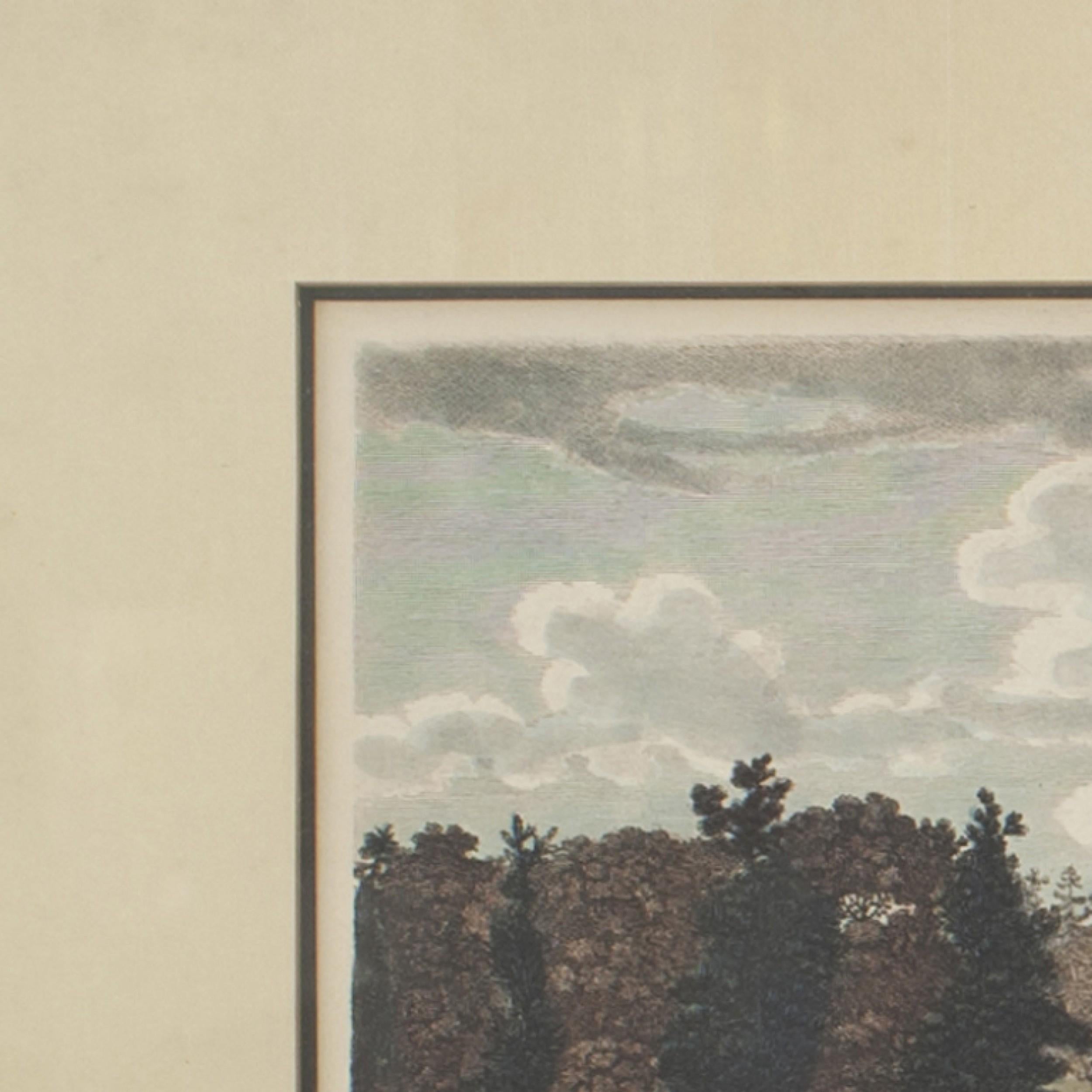 Litografia vittoriana inglese a colori incorniciata in nero e oro di una tenuta inglese 